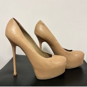 YSL Yves Saint Laurent Beige Leather Tribute Two Platform Pumps Size 42